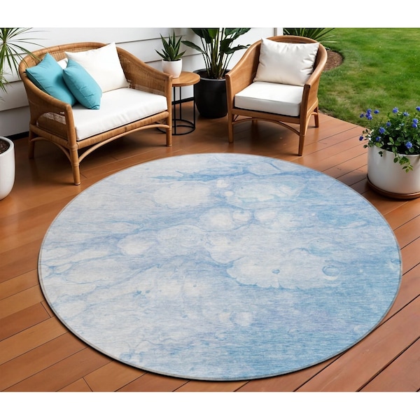 Homeroots 8' Sky Blue Denim Blue And Silver Round Abstract Washable Indoor Outdoor Area Rug 582220 - main