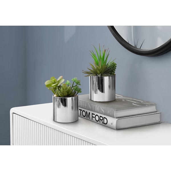 Monarch Specialties Artificial Plant, 7'' Tall, Succulent, Indoor, Fake, Decorative, Green Plants, Chrome Pots, 2PK I 9550 - main