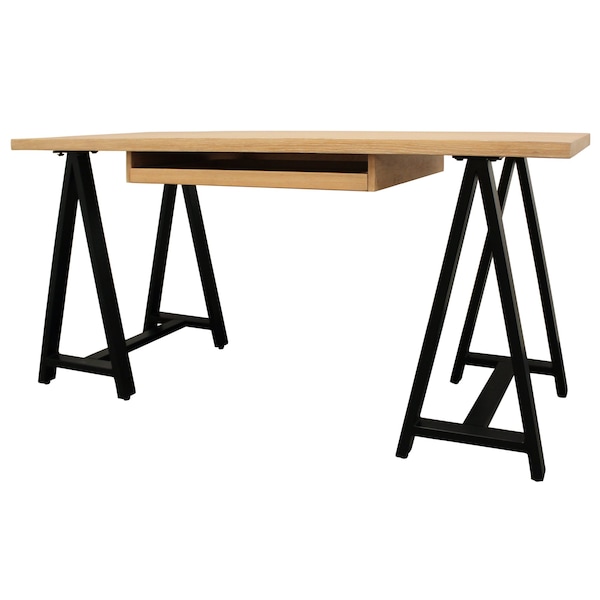 Homeroots 60" Natural and Black Solid Wood and Metal Trestle Executive Desk 608136 - main