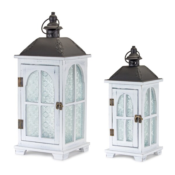 Homeroots Set of Two White And Black Distressed Ornate Glass Wood And Metal Floor Lantern Candle Holders, 2PK 517616 - main