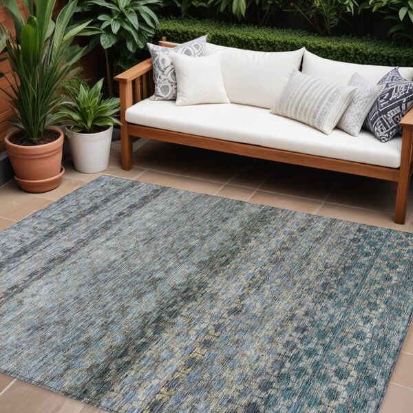 Homeroots 9' X 12' Teal Blue Light Blue And Gray Striped Washable Indoor Outdoor Area Rug 605697 - main
