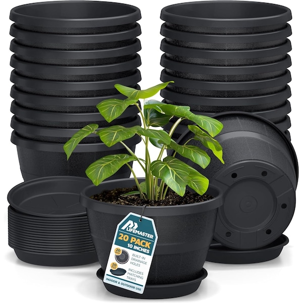 Lifemaster 10-Inch Whiskey Barrel Planters, Durable Plastic Pots with Drainage and Saucer, 20PK LMPBP20BLK20 - main