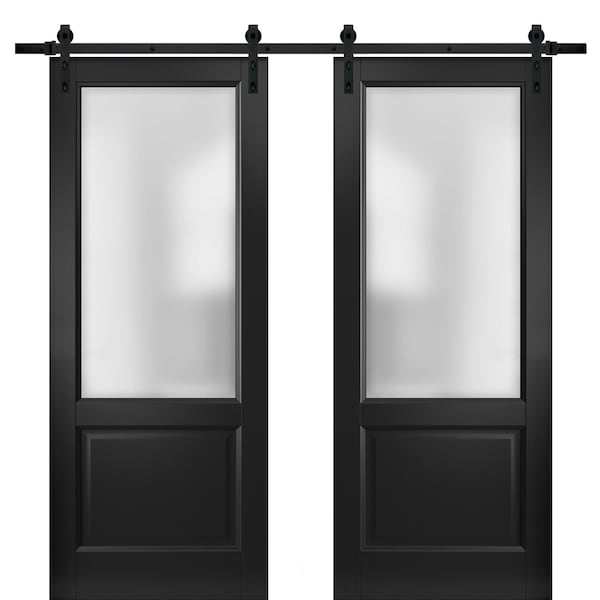 Sartodoors Sturdy Double Barn Door with, Lucia 22 Matte Black with Frosted Glass, 13FT Rail Hangers Heavy Set LUCIA22DB-BLK-64 - main