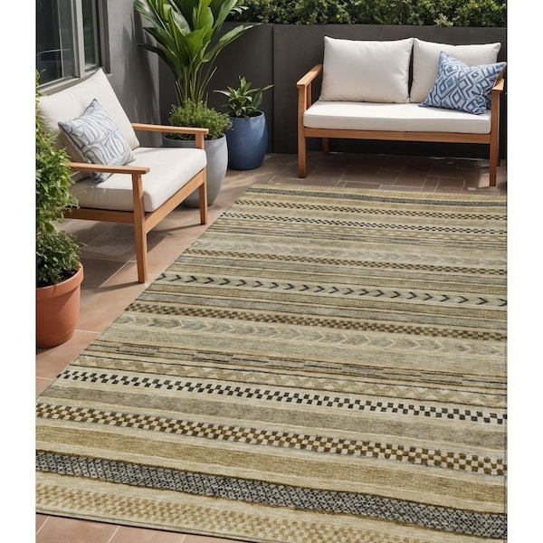 Homeroots 5' X 8' Chocolate And Taupe Striped Washable Indoor Outdoor Area Rug 615333 - main