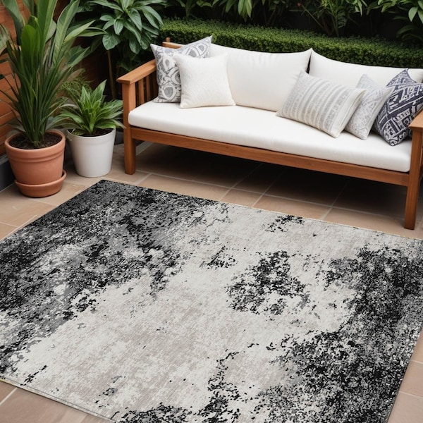 Homeroots 9' X 12' Black Gray And Ivory Abstract Washable Indoor Outdoor Area Rug 599464 - main