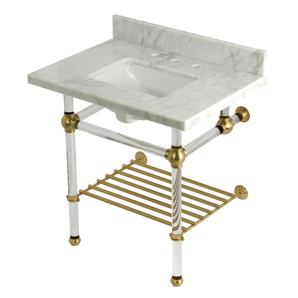 Kingston Brass 30-Inch Carrara Marble Console Sink with Acrylic Legs and Shelf, 8-Inch, 3-Hole KVPB3030MASQB7 - main