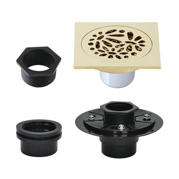 Kingston Brass 4" Brass Square Grid Shower Drain with Hair Strainer and Base Flange, Polished Brass BSFK6360PB - main