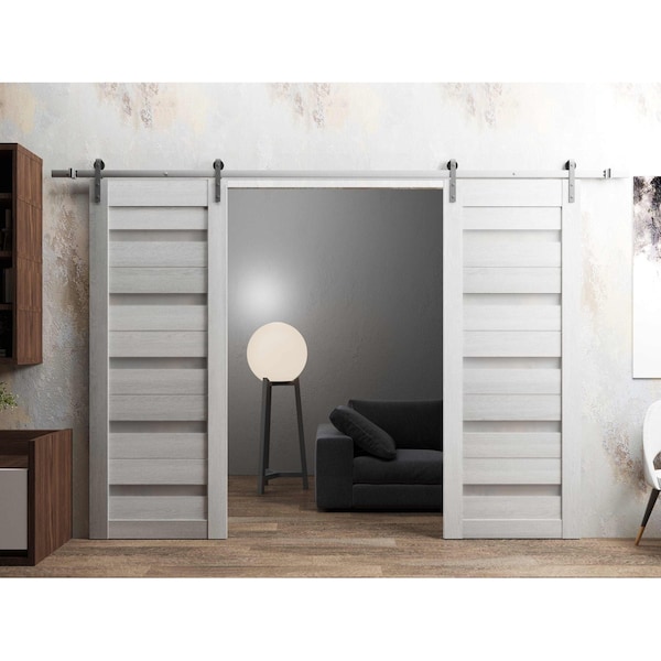 Sartodoors Sturdy Dbl Barn Door 48 x 80in, Light Grey Oak W/ Frosted Glass, SS 13FT Rail Hangers Heavy Set QUADRO4445DB-S-OAK-48 - main