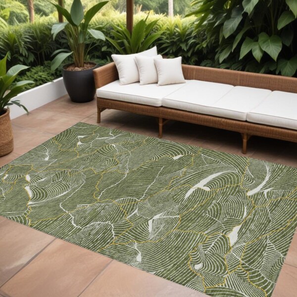 Homeroots 8' X 10' Olive Green Gold And Ivory Abstract Washable Indoor Outdoor Area Rug 601077 - main