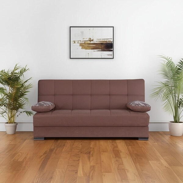 Homeroots 75" Brown Chenille Convertible Futon Sleeper Sofa And Toss Pillows With Storage 607203 - main