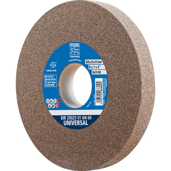 Pferd PFERD Vitrified Bench Wheel, UNIVERSAL, 8in x 1 x 2, 60 Grit, Aluminum Oxide 61680 - main