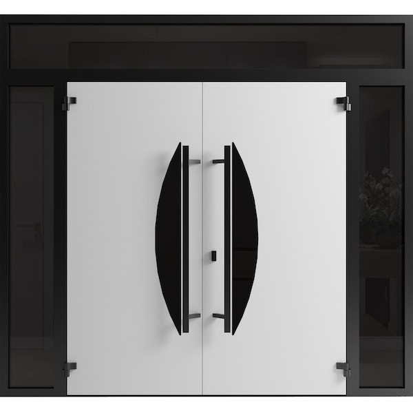 Vdomdoors Front Exterior Prehung Aluminum Double Doors Ronex1077 Teak 2 Sidelights and Top Transom Mirrored RONEX1077DEXD-OAK-W14+72+14xH96+12-LH-I - main