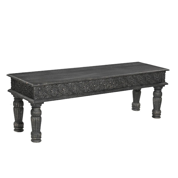 Homeroots 58" Black Floral Distressed Solid Wood Dining Bench 522089 - main