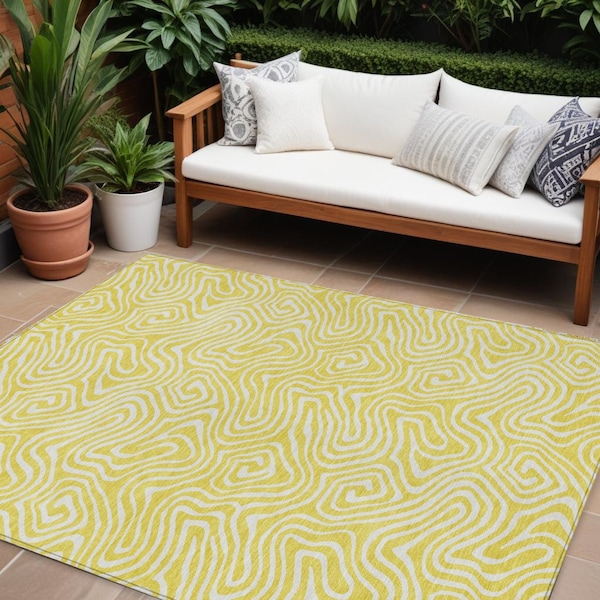 Homeroots 9' X 12' Yellow And Ivory Abstract Washable Indoor Outdoor Area Rug 599776 - main