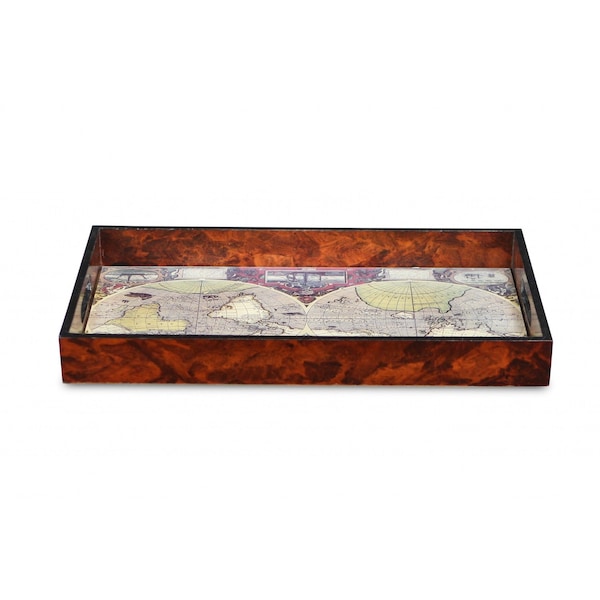 Homeroots World Map Vintage Burlwood Serving Tray 401789 - main