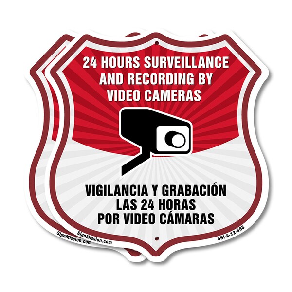 Signmission Bilingual 24 Hour Surveillance Shield Si, 12 inch X 12 inch, Plastic Sign, 2PK SHI-P-2PACK-12-363 - main