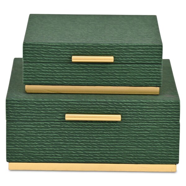 Homeroots Set of Two Green And Gold Striped Square Nesting Storage Boxes With Lids, 2PK 712927 - main