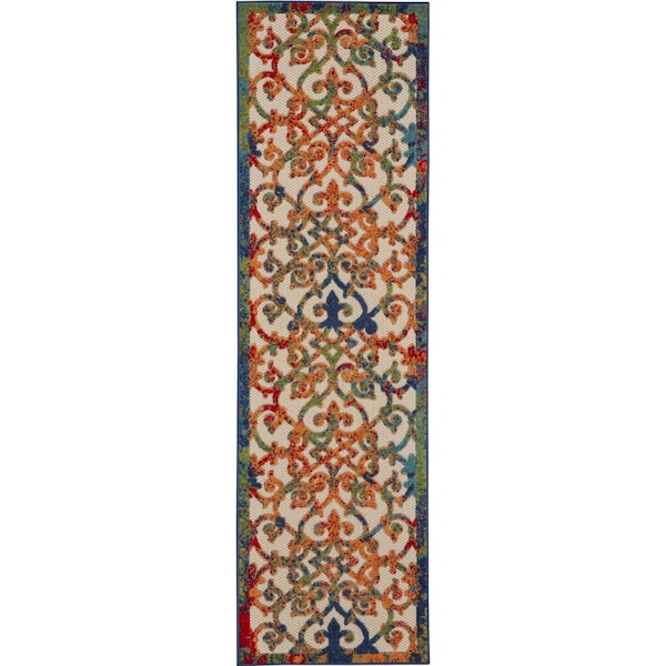 Homeroots 6' Ivory Blue Orange And Green Trellis Indoor Outdoor Runner Rug 546794 - main