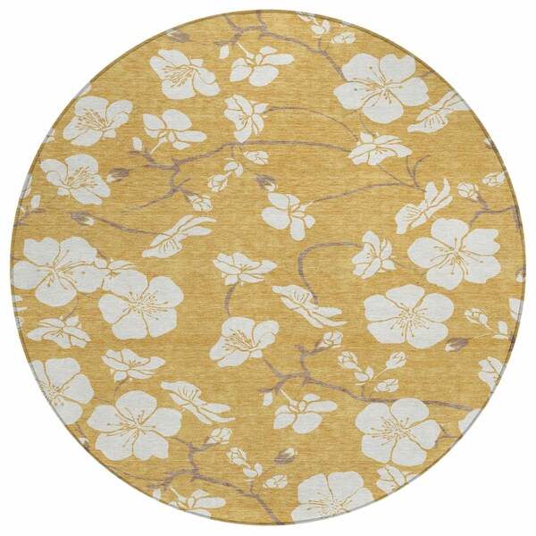 Homeroots 8' Gold Ivory And Brown Round Floral Washable Indoor Outdoor Area Rug 599882 - main