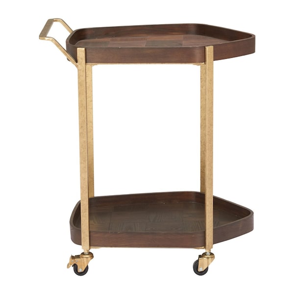 Homeroots 27in Walnut And Brass Wood and Steel Rolling Bar Cart 668799 - main