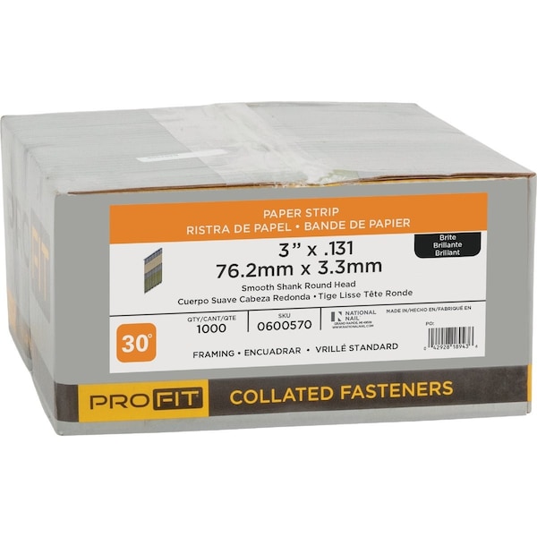 Pro-Fit 3'' x 0.131'' 30 Degree Paper Tape Smooth Shank Round Head Brite Framing Stick Nails, 1000 Ct. 600570 - main