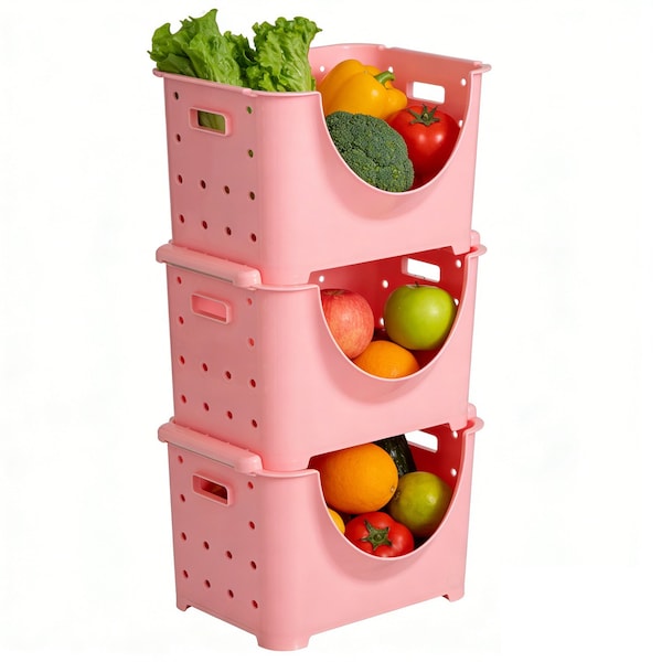 Basicwise Stackable Storage Container, 11 in L x 10 in W x 9 in H, Pink, Plastic, 3 PK QI003215P.3 - main