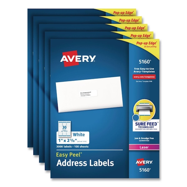 Avery Easy Peel White Address Labels with Sure Feed Technology, Laser, 1 x 2.63, 15000PK 5160CT - main