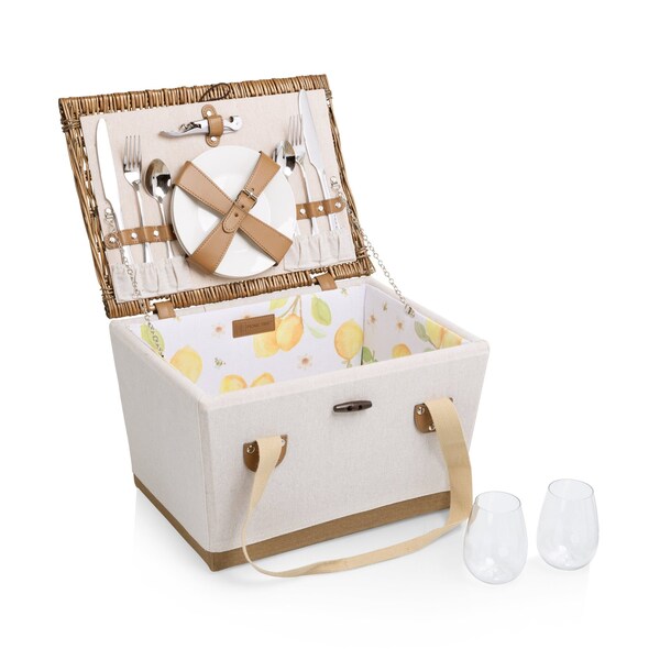 Picnic Time Family Of Brands Lemongrove Picnic Basket for 2 - Bees & Lemons, White with Lemon Pattern 104-30-283-000-0 - main