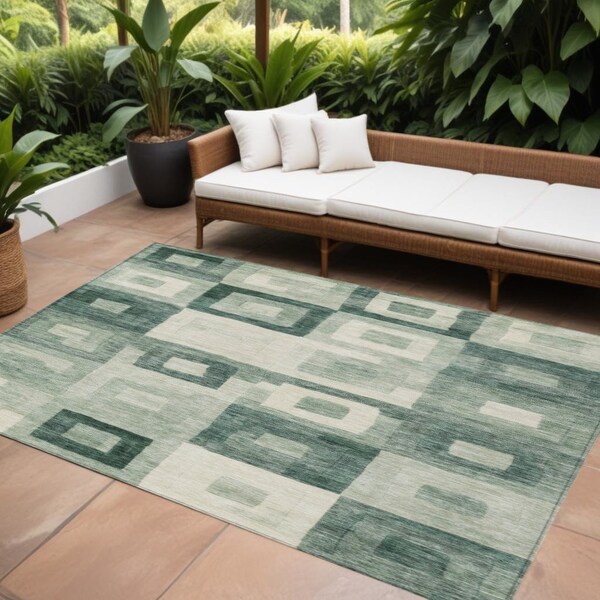 Homeroots 8' X 10' Green And Ivory Geometric Washable Indoor Outdoor Area Rug 605034 - main
