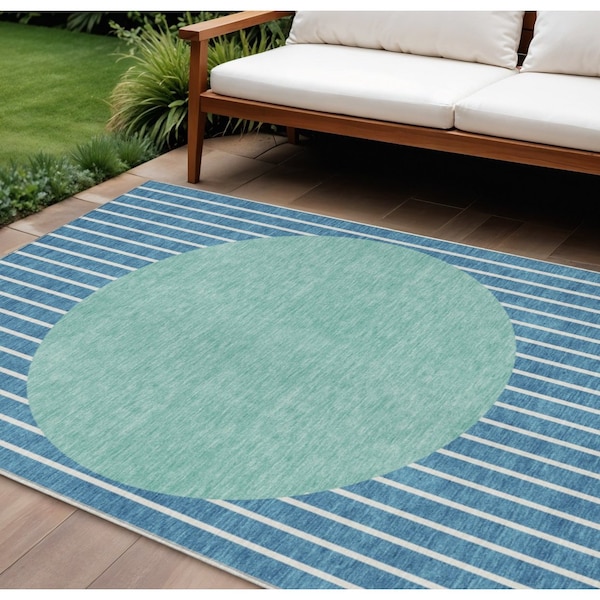 Homeroots 10' X 14' Teal Blue And Aqua Striped Washable Indoor Outdoor Area Rug 597204 - main