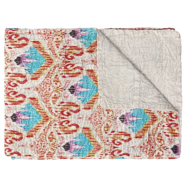 Homeroots 50" X 70" Beige And Pink Ikat Cotton Quilted Kantha Throw Blanket with Embroidery 544548 - main