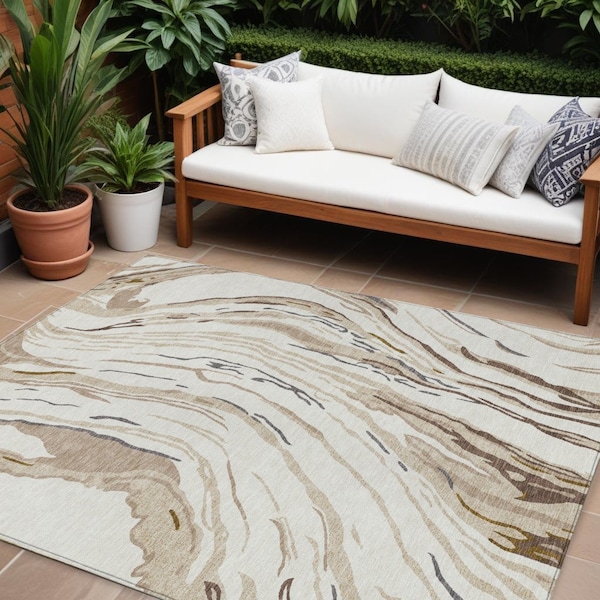Homeroots 8' X 10' Ivory Beige And Brown Abstract Washable Indoor Outdoor Area Rug 600237 - main