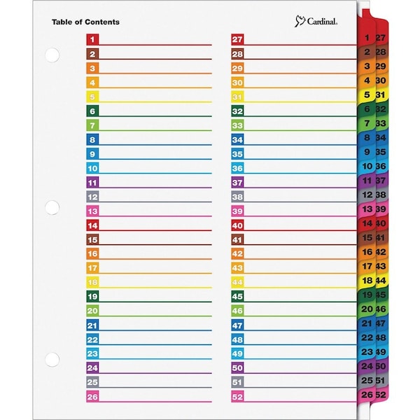 Cardinal Index Tabs, Multicolor, 1 to 52 Tabs, PK2 CRD60990 - main