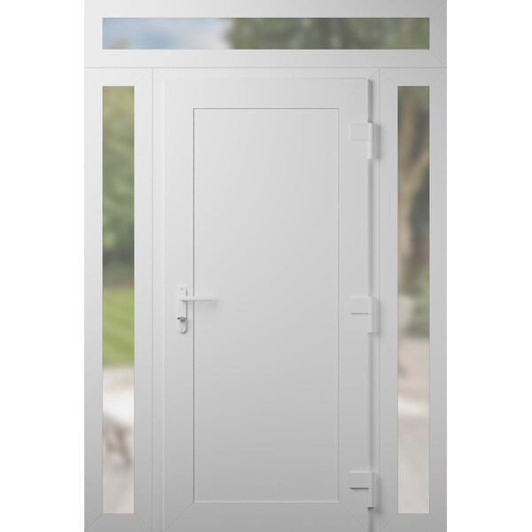 Vdomdoors Front Exterior Prehung Metal-Plastic Door, Manux 8111 White Silk, 2 Side and Top Sidelite Transom, MANUX8111EXD-WS-W14+36+14xH80+14-LH - main