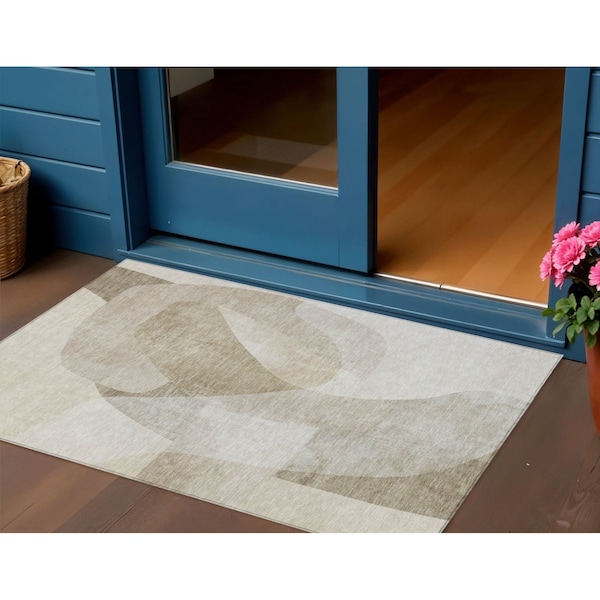 Homeroots 3' X 5' Beige And Taupe Abstract Washable Indoor Outdoor Area Rug 630429 - main