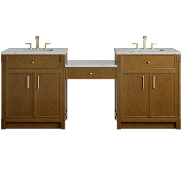 James Martin Vanities Bellshire 84" Dual Vanity Set w/24" Make-Up Counter, Honey Oak w/3 cm Eternal Jasmine Pearl Sileston 660-VMC84-HNO-3EJP - main