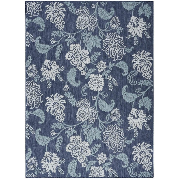 Homeroots 5' X 7' Navy Blue Sky Blue And Ivory Floral Indoor Outdoor Area Rug 552495 - main