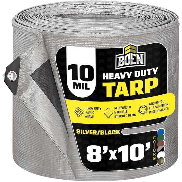 Boen Heavy Duty Tarp, 8 ft x 10 ft, 10 Mil, Silver, Polyethylene ST-810 - main