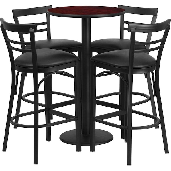 Flash Furniture Round Mahgany Bar Table, Rnd Base, Blk Seats, 24", 24" L, 24" W, 42" H, Laminate Top, Wood Grain RSRB1034-GG - main