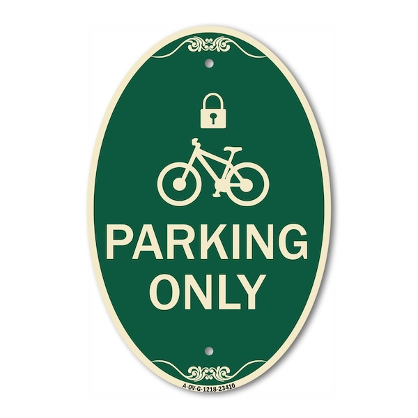 Signmission Parking Only With Cycle and Lock Symbol, 12 In X 18 In Architectural Oval, Heavy Gauge Aluminum A-OV-G-1218-23410 - main