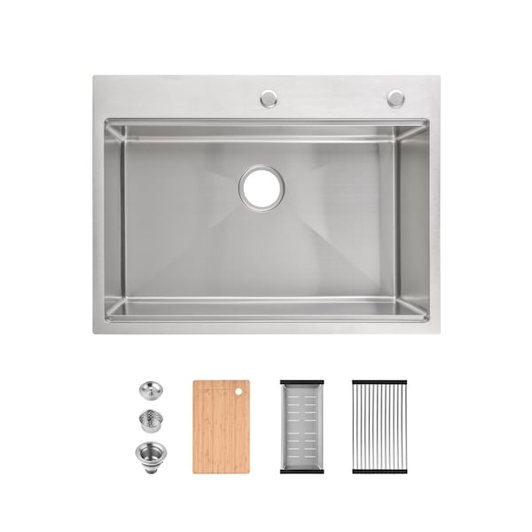 Wrightmaster 30 in. Drop-In Single Bowl 20 Gauge Silver Stainless Steel Kitchen Sink with Drain and Hook ZOR-SS-BR-08 - main