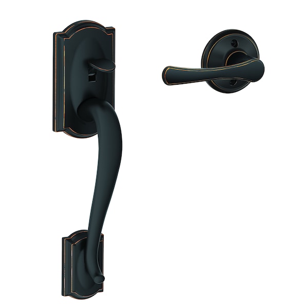 Schlage Residential Camelot with Avila Lever Bottom Half Handleset with 16080 Latch and 10063 Strike Aged Bronze Finish FE285CAM716VLA - main