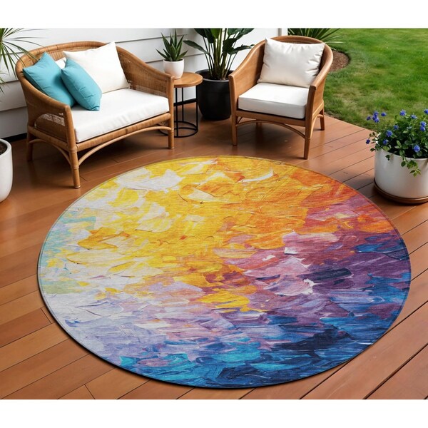 Homeroots 8' Gold Yellow And Teal Blue Round Abstract Washable Indoor Outdoor Area Rug 617355 - main