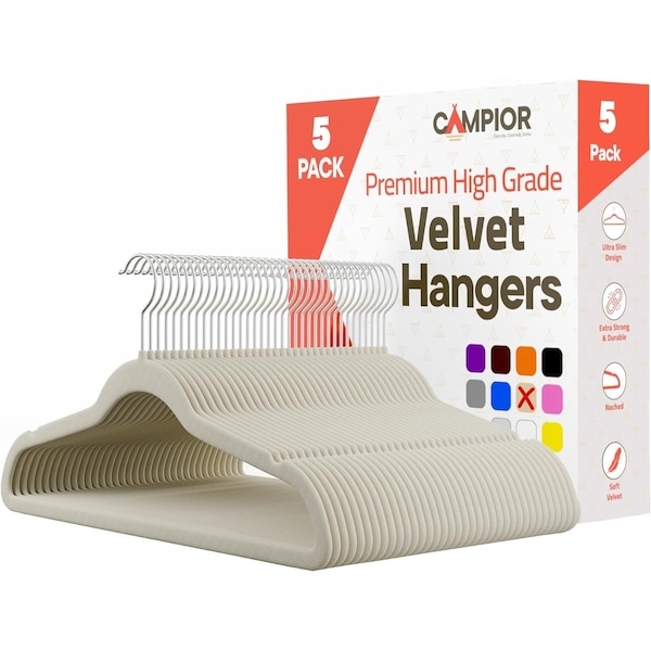 Campior Ivory Velvet Hangers, 360 Deg Swivel Hook, Non-Slip and Space Saving Hangers, Heavy-Duty, 5PK CMPVVH5IV - main