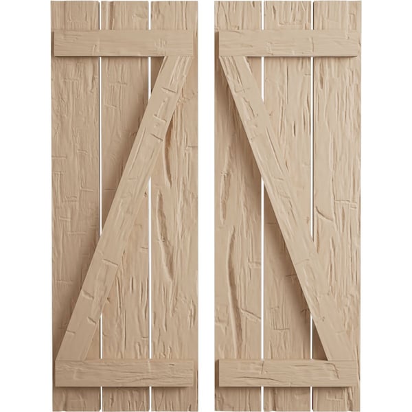 Ekena Millwork Rustic Three Board Spaced Board-n-Batten Hand Hewn Faux Wood Shutters w/Z-Board, 17 1/2W x 64H, PR SHUBSZ17X64HHPR - main