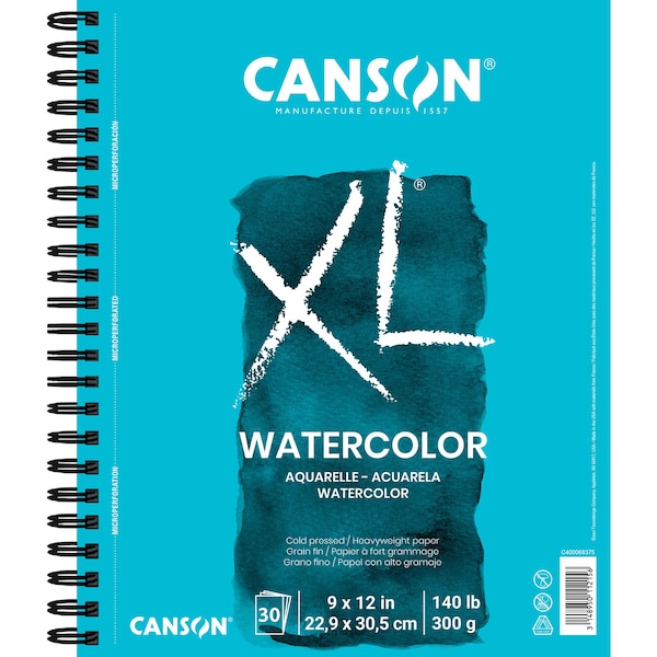 Canson XL Series Watercolor Pad, Heavyweight White Paper, Side Wire Binding, 30 Sheets, 9x12 inch C400068375-03 - main