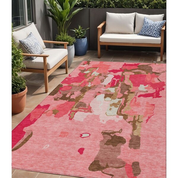 Homeroots 5' X 8' Coral Pink And Brown Abstract Washable Indoor Outdoor Area Rug 599557 - main