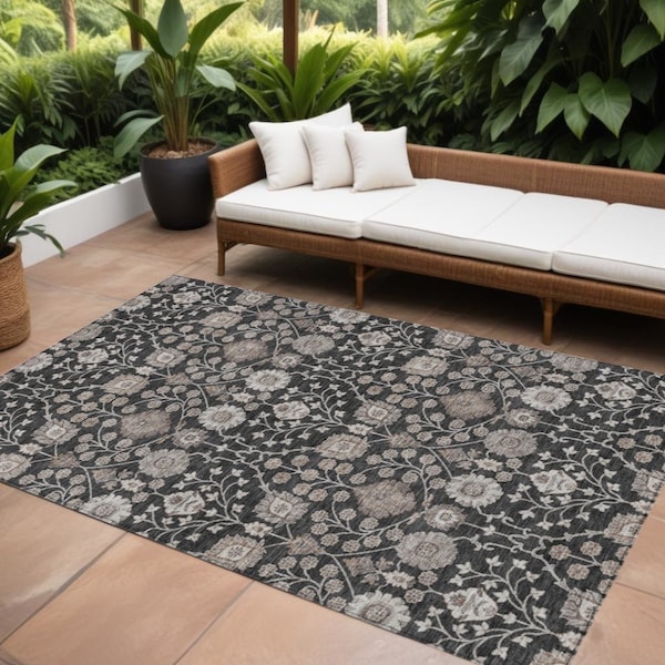 Homeroots 8' X 10' Black Brown And Beige Floral Washable Indoor Outdoor Area Rug 605416 - main
