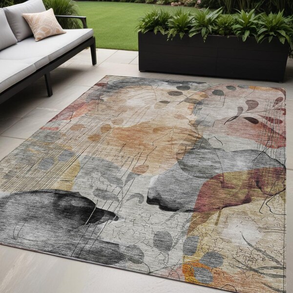 Homeroots 5' X 8' Terra Cotta Copper And Beige Floral Washable Indoor Outdoor Area Rug 588535 - main