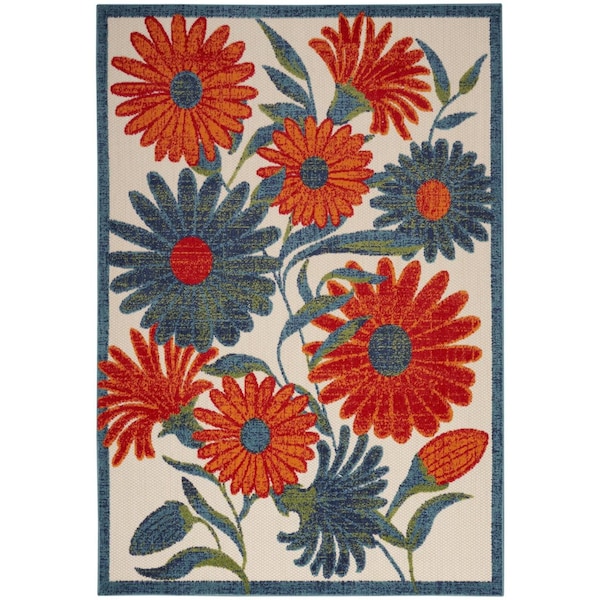 Homeroots 5' X 8' Ivory Blue Orange And Green Floral Indoor Outdoor Area Rug 545021 - main